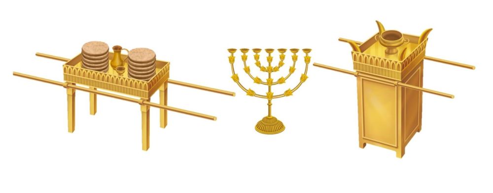 The table for the consecrated bread, the golden lampstand, and the altar of incense