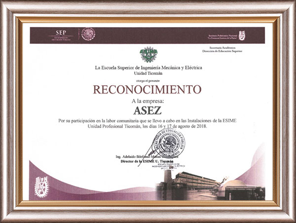 Certificate of Appreciation from the Director of Mechanical and Electrical Engineering of Ticoman University to ASEZ