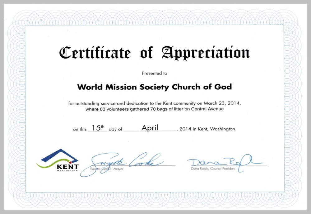 Certificate of Appreciation from the Mayor of Kent and the Council President