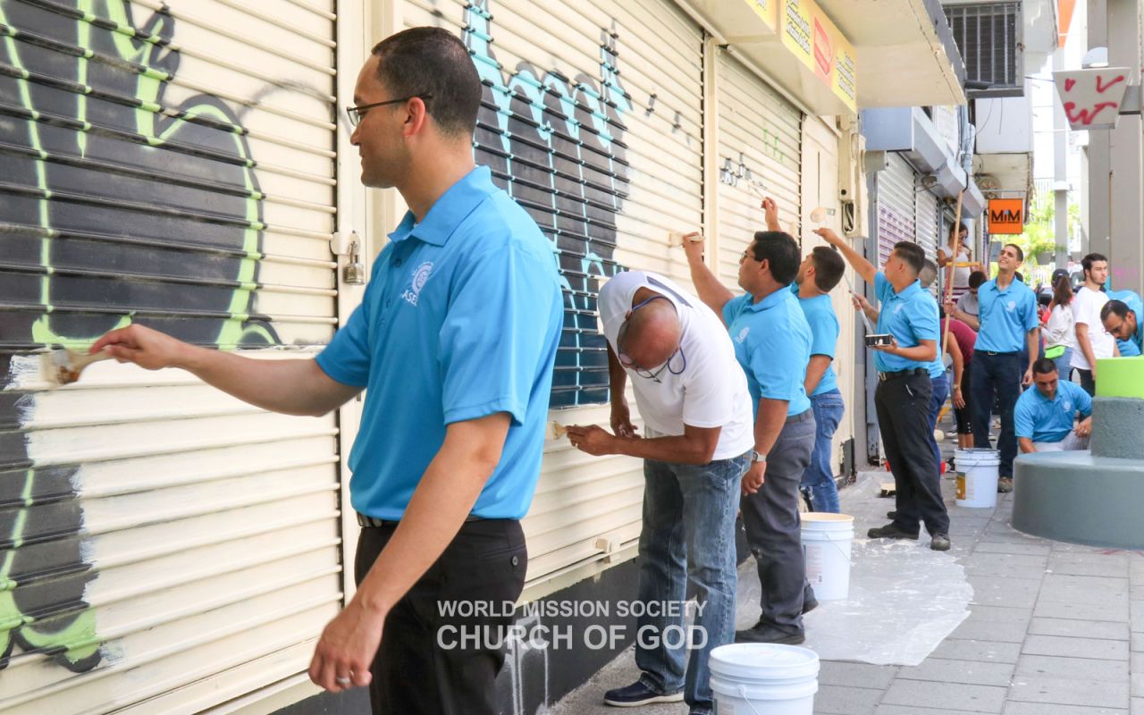 Removing graffiti on José de Diego Street in San Juan, Puerto Rico