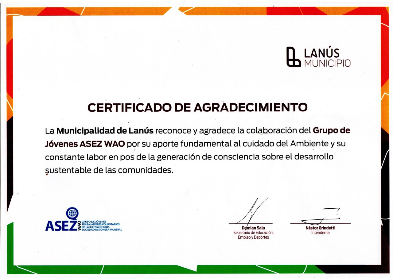 Certificate of Appreciation from Mayor of Lanus in Buenos Aires, Argentina