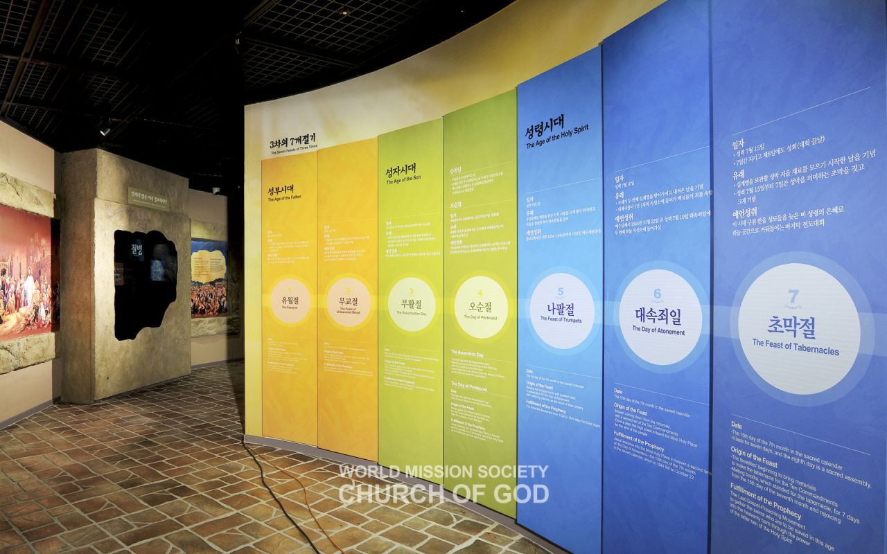 Salón del Museo de Historia de la Iglesia de Dios con paneles explicativos de las siete fiestas de tres tiempos