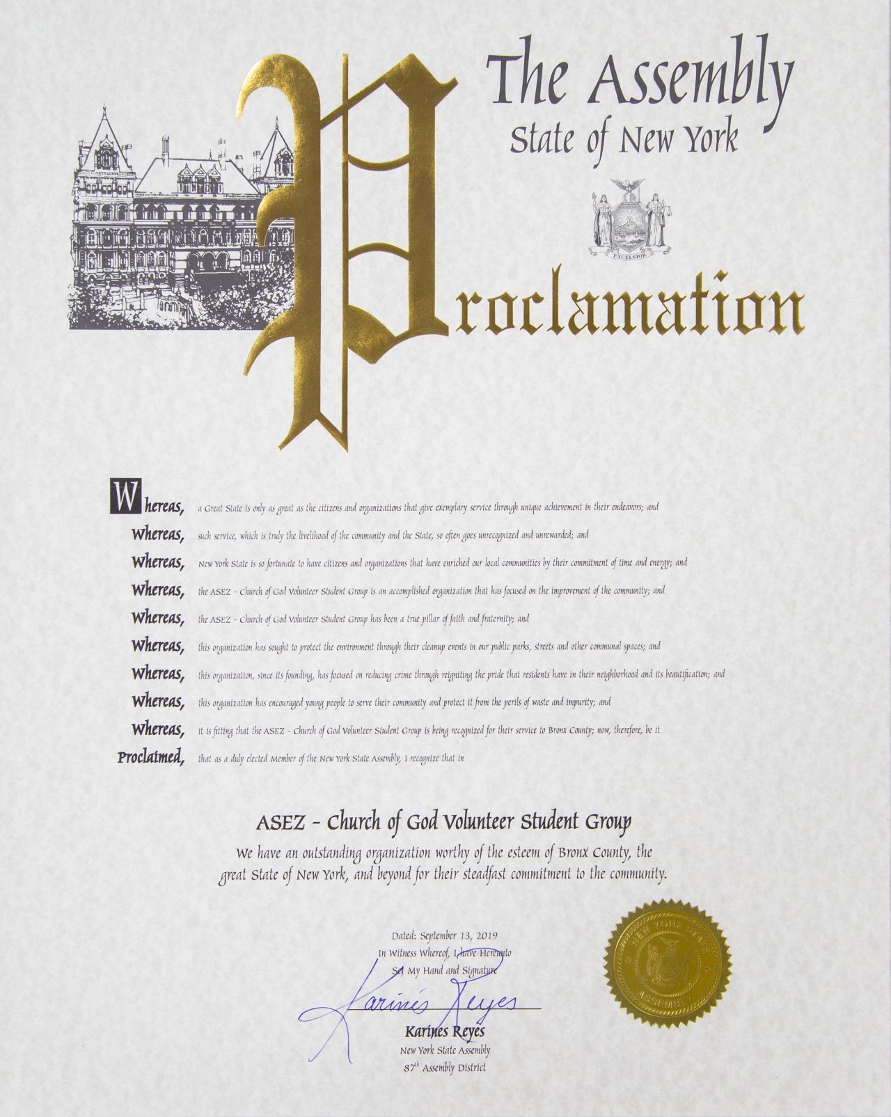 Declaration by a New York State Assemblymember, U.S.