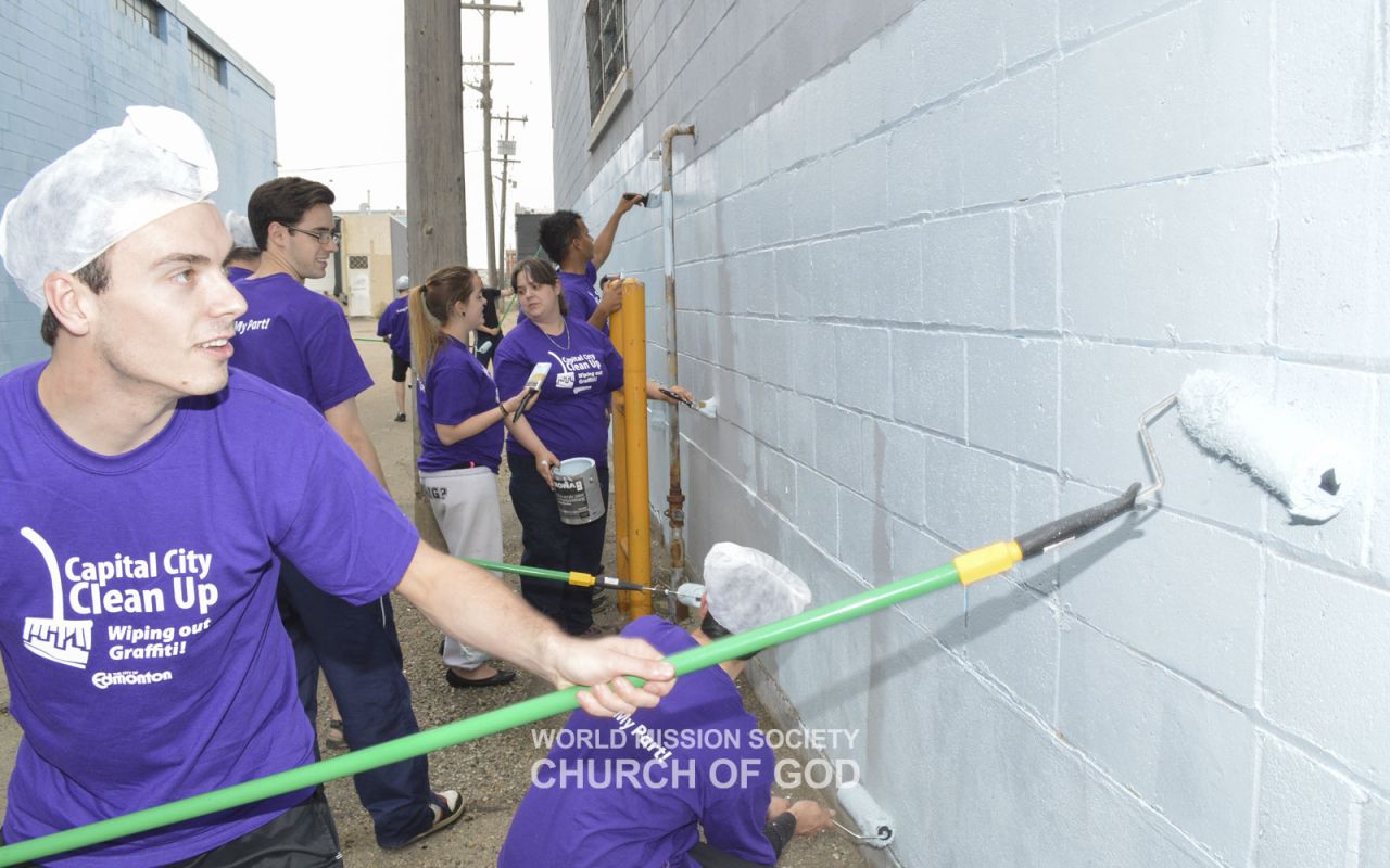 Removing graffiti in downtown Edmonton