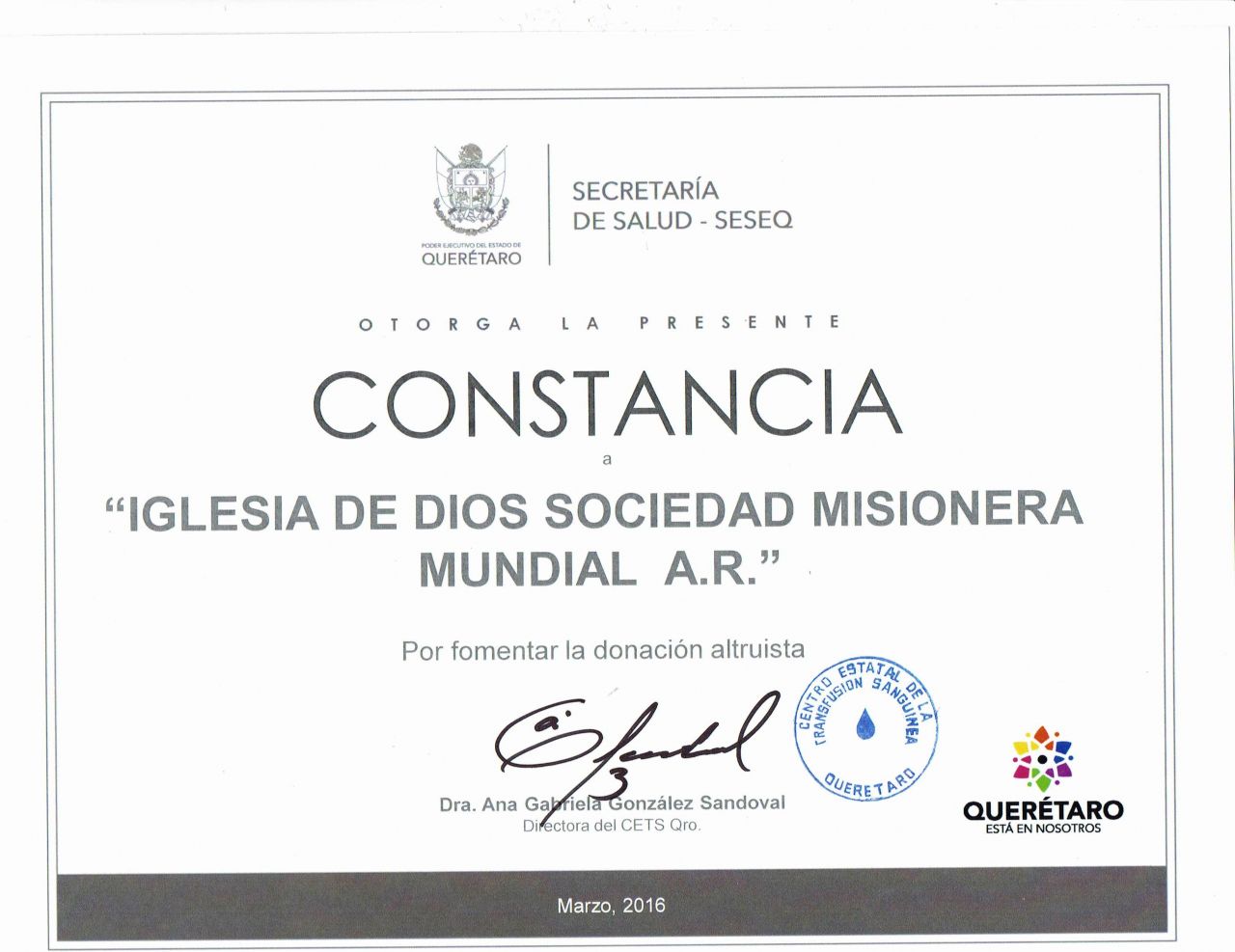 케레타로 주립혈액원장 감사장